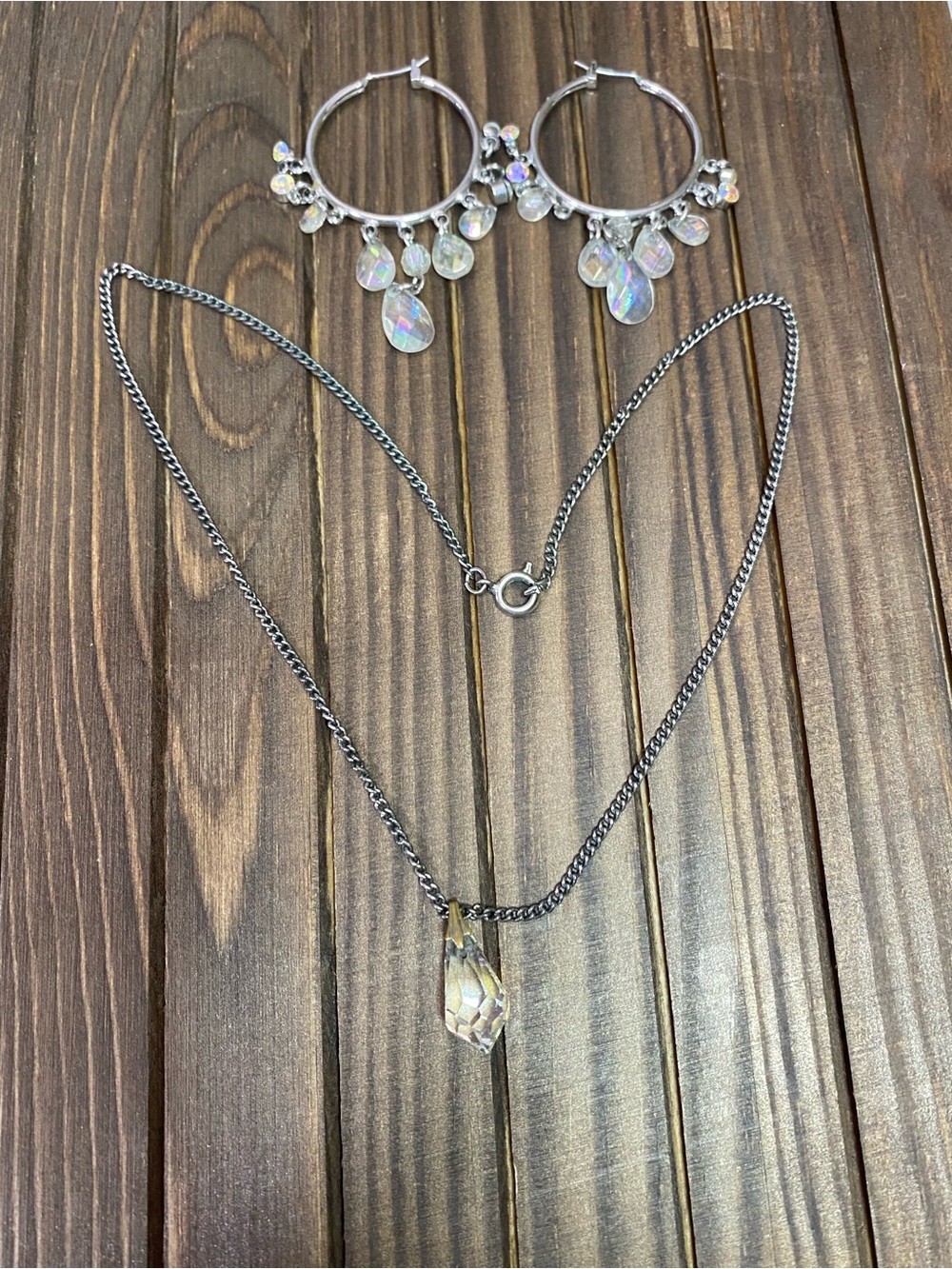 Vintage-Style Iridescent Crystal Necklace & Hoop Earrings Set AB